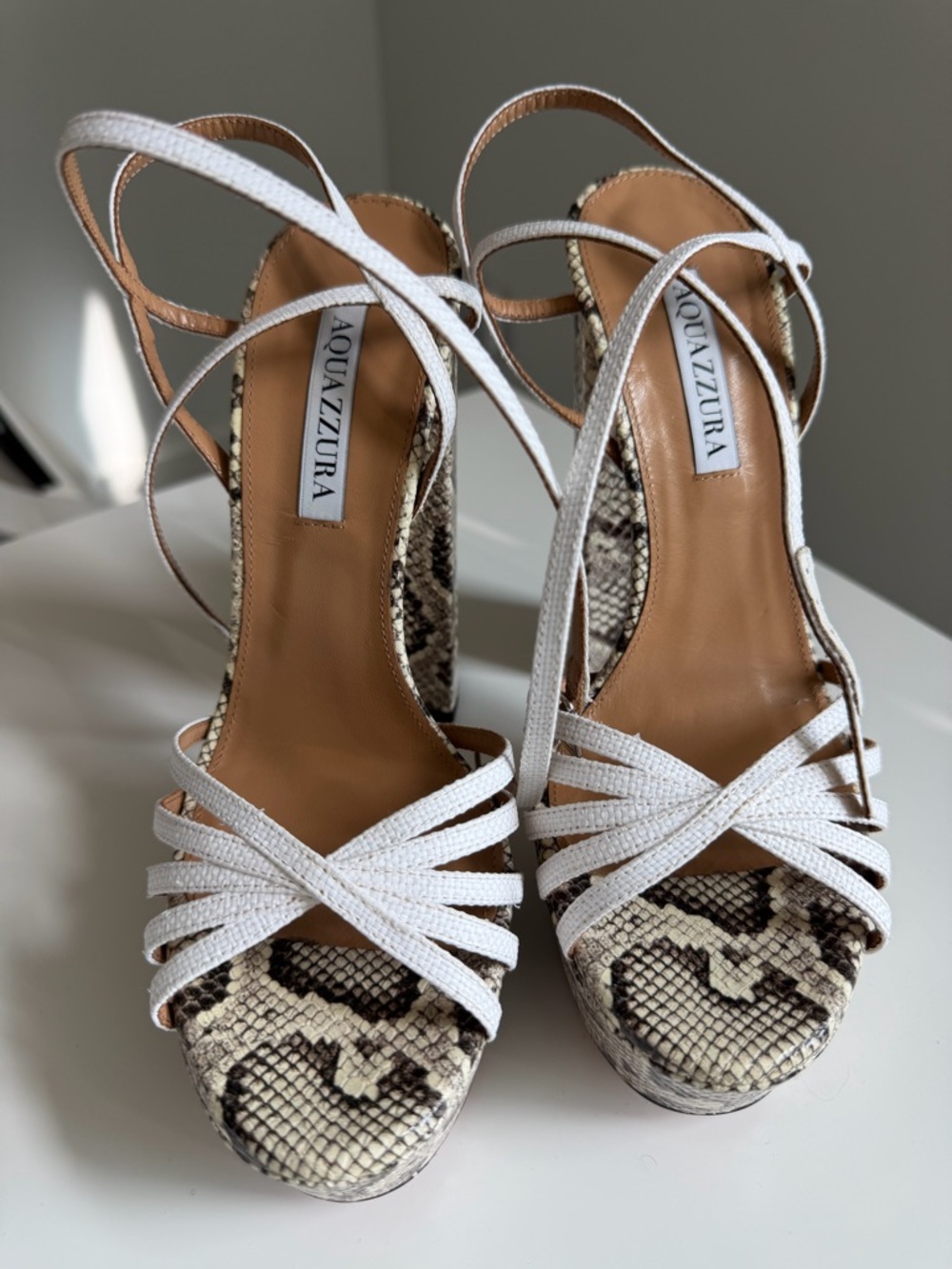 Aquazzura White Strappy Snake-Print Platform Sandals
